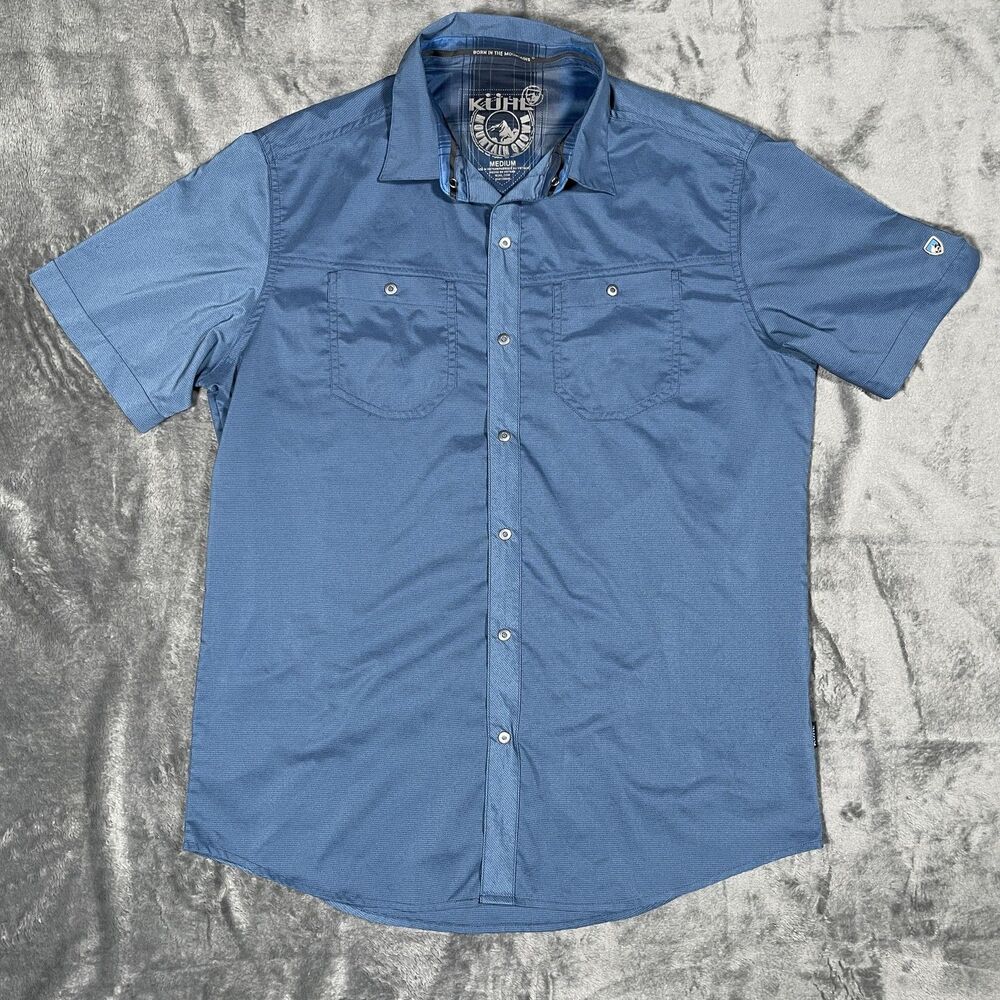 Kuhl Button-Up Shirt Mens M Blue Check Short Sleeve Lightweight Hiking Outdoor